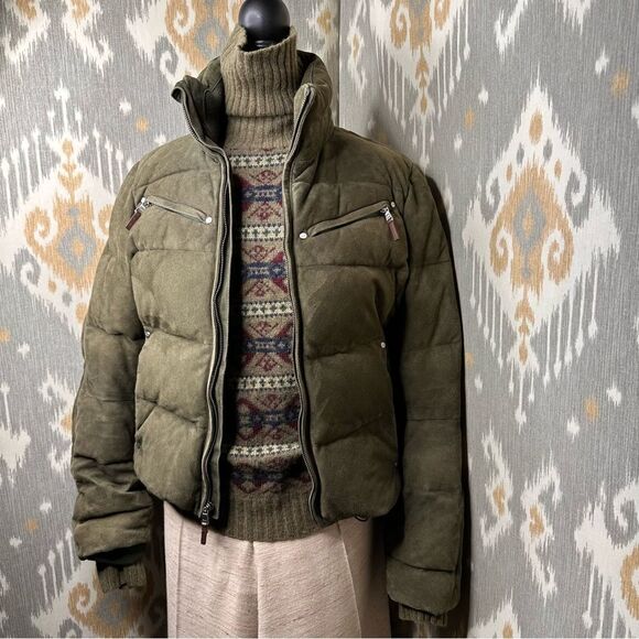 RLX by Ralph Lauren 2000s Olive Goat Suede Down Puffer Jacket - Picture 1 of 17
